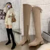 Botas inverno cor nude coxa alta zlah mulheres moda sexy estiramento camurça quadrado dedo do pé grosso salto sobre o joelho