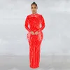 Roupas de verão peça conjunto strass malha alta pescoço manga borlas bodycon midi maxi vestido longo para o aniversário feminino