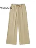 Pantalones de mujer moda caqui cordón recto Vintage cintura alta elástica longitud completa Mujer Chic Pantalones