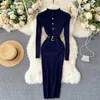 Vestidos casuais chique vestidos mulheres gola rosca rosca elástica outono com cinto cor sólida malhas vestido minimalista dropship