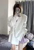 Kadınlar Kadınlar İçin Beyaz Kısa Ceket - 2023 Bahar Kore tarzı vintage düz renkli takım elbise gevşek uyum blazer uzun kollu batı