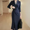 Casual Dresses Office Ladies V-hals Double Breasted Blazer Trumpet Dress Belted Women Business Slim Merraid2781