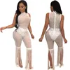 Sparkly Rhinestone Sexy Party Jumpsuit Women Sheer Mesh Bodysuit See Through Clubwear Bottom Fringe Tassel Plays277p