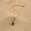 Chains 2023 Fashion Jewelry Stainless Steel Necklace For Women Square Green Zircon Pendant Pull Adjustable Choker Femme