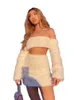 Plush Two Piece Dress Women Long Sleeve Strapless Back Bandage Crop Top and Women's Skirt White Sexy Casual Streetwear