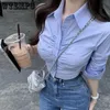 Kvinnors blusar skjortor wtempo ins sexiga beskurna toppar modeblusar för kvinnor vikar tunika långärmad avslappnad skjortor koreanska y2k blå vit t-shirts 231024