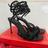 Rene Kristallen lamp Snake Strass naaldhak sandalen Avondschoenen dames hoge hakken 100 mm Luxe ontwerpers Enkelwikkelschoen Dames dinerjurk schoenen 35-43