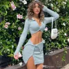 2023 Fall Womens Sexig kjol Set Fashion Two Piece Dress Buttons Polor Neck Long Sleeve Crop Top och Split Mini Korta kjolar 2st.