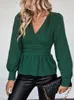 Benuynffy Dames Sexy Diepe V-hals Peplum Blouse Lente Herfst Elegant Kantoor Werk Shirts Mode Lange Mouwen Effen Tops