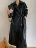 Women s Fur Faux Fashion Long Trench Coat for Women Retro 2023 Autumn Thin PU Leather Jacket Loose Solid Black 231025