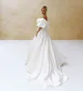 Elegantes Satin-Hochzeitskleid mit kurzen Puffärmeln 2024, schlichtes weißes Brautkleid, A-Linie, seitlicher Schlitz, Sweep-Zug, Vestido de Novia