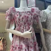 Grundläggande casual klänningar Tingfly Women Summer Pink Floral Print Slash Neckline Midi Long A Line Dress Ruffles Sleeve France Elegant Vestidos Frocks Lady YQ231025