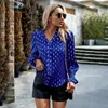 Damesblouses Herfst Mode Effen Lange Mouw Dames Shirts Elegant Gedrukt Blauw V-hals Top Casual Losse Blusas Mujer 28260