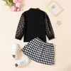 Clothing Sets FOCUSNORM 3-7Y Fashion Little Girls Clothes Outfits Sheer Mesh Long Puff Sleeve Shirt Houndstooth Mini Skirt