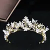 Baroque Vintage Gold Butterfly Crown Flowers Wedding Prom Tiara Headband Pearl Bridal Headpieces Bride Hair Accessories Hairband Y2713