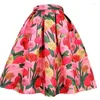 Skirts 2023 Autumn Korean Vintage Woman Aesthetic Bright Pink Tulip Floral Embroidery High Waist Long Pleated Skirt Birthday Party Wear