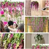 Guirnaldas de flores decorativas 45 pulgadas Wisteria Flor artificial Tupida Seda Vine Ratta Colgando para el banquete de boda Jardín Al aire libre Más verde DHBZV