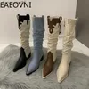 Boots Retro High Heels Woman Knee High Boot Fashion Pointed Toe Western Cowgirl Booties Designer Autumn Winter ShoesL231025