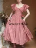 Grundläggande avslappnade klänningar Elegant Plaid Midi Dress Woman French Style Short Sleeve Even Party Fashion Lace Design 2023 Summer Chic YQ231025