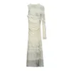 Casual Kleider Frauen Mode Asymmetrische Gedruckt Tüll Semi-sheer Midi Kleid Vintage Eine Lange Hülse Zurück Zipper Weibliche 19J4002