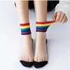 Kvinnors strumpor Spring Summer Women's Cotton Rainbow Stripes Fashion Thin Crystal Stockings Casual Tide Harajuku Korean 2023