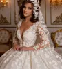 2024 Кружевные свадебные платья Бальное платье принцессы с бисером Свадебные платья Блестящий тюль с длинными рукавами цвета слоновой кости Дубай Vestidos De Novia Robe De Mariage