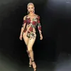 Stage Wear Skinny Stretch Women Bodysuits Red Rose Pattern Print Bling Diamonds Jumpsuit Nightclub Costumes Dance Show