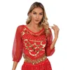 Scen Wear Womens Shiny Sequined Long Sleeve Belly Dance Chiffon Toppar Självband Back Oregelbundet Hem Crop Top Carnival Performance Costume