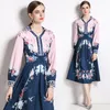 Robe midi florale pour femmes Designer manches longues col en V élégant imprimé mince froncé robes de soirée évasées 2023 automne hiver décontracté vacances piste taille haute robes