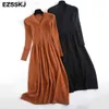 Grundläggande avslappnade klänningar Autumn Winter Knit Long Dress Women V-ringen Slim Bodycon Robe Sweater Office Lady Thick Maix YQ231025