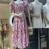 Grundläggande casual klänningar Tingfly Women Summer Pink Floral Print Slash Neckline Midi Long A Line Dress Ruffles Sleeve France Elegant Vestidos Frocks Lady YQ231025