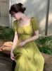 Basic Casual Dresses Green Korean Style Elegant Party Women Bubble Sleeve France Vintage One-piece Dress Retro Fairy Summer 2023 YQ231025