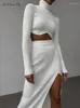 Work Dresses Sexy Turtlenecks Ribbed Knitted Skirts Suits Two Pieces Office White Sets Ladies Split Midi Skirt 2-Piece Set