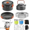 Cozinha de acampamento Conjunto de fogão de acampamento Kit de panelas ao ar livre Panela Fogão Chaleira Copos Talheres Pratos turísticos Equipamento de caminhada para 2-3 pessoas 231025