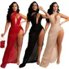 Casual Jurken Vrouwen Pailletten Een Schouder Skew Hals Bodycon Maxi Jurk Sexy Party Club Hoge Split Lange Vestidos254T