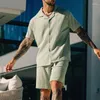 Herrespår vintage kortärmad lapel skjortor Tvådel sommarstrandstil Casual uppsättningar solid färgskjorta och shorts passar män kläder