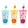 タンブラーハロウィーンアイスコーヒーカップ再利用可能なタンブラーは、蓋ストロー3pcs 24ozカボチャのゴーストパターンの蓋とストロー