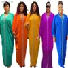Basic Casual Dresses Plus Size Autumn Fashion Solid Color Satin Dress African Women Sexy V-neck Bat Sleeve Robe Elegant Loose Fit YQ231025