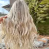 하이라이트 금발의 전체 프론트 브라질 웨이브 인간 머리 가발 미리 채워진 13x4 투명한 HD 레이스 가발 합성 여성