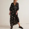 Casual Dresses Women Puff Sleeve Dress Boho Deep V Neck Flowy Maxi Loose Fit tryckt Lång elegant veckad kvinnlig semesterdräkt