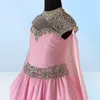 Różowa sukienka z szyfonu dla nastolatków juniorów 2022 Cape High Neck Bling Crystals Długość imprezowa suknia imprezowa dla małej dziewczynki Zippe2435582