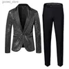 Men's Suits Blazers ( Blazer + Pant ) Fashion Men Sequin Suit 2 Piece Gold / Silver 2023 Men's Luxurious Stage Party Plaid Loose Dress Set Q231025