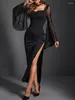 Casual Dresses 2023 Dark Elegant Mall Gothic Eesthetic Evening Female Flare Sleeve Mesh Splice Long Dress Grunge Punk Split Side Outfit