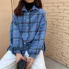 Women's Blouses Turn-down Collar Shirt Women Plaid All-match Harajuku Korean Top Casual Oversize Button Batwing-sleeve Streetwear