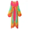 Casual Dresses Women Fashion Tie Dye Beading Dress Loose Long Sleeve V Neck For Woman Autumn Streetwear Vestidos
