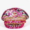 Berets Women Octagonal Hat Sequin Burning Yacht Week Captain Sergeant Rhinestone Rave Festival Bachelorette Part