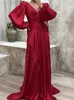 Casual Dresses Autumn Winter Fashion Satin Party Dress Muslim Women Elegant Solid V-Neck Bubble Sleeve Ruffled A-Line Evening