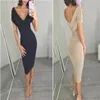 Nova marca feminina vestido de manga curta profundo decote em v cor pura sexy vestido de festa clube roupas279c