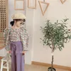 Kläder sätter flickors kostym puffhyl blommig topp breddade benbyxor 2023 Spring Kids Clothes Girls Fashion Purple and Red Children's