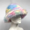 Wide Brim Hats Bucket Hats Autumn Winter Women Keep Warm Rainbow Faux Fur Basin Cap Female Fashion Casual Party Bucket hat Music Festival Thickened Hat 231024